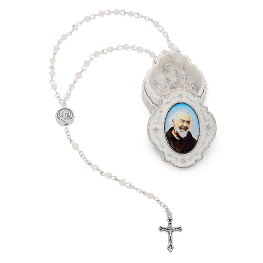 Small White Enameled Padre Pio Rosary Case With White Crystal Rosary