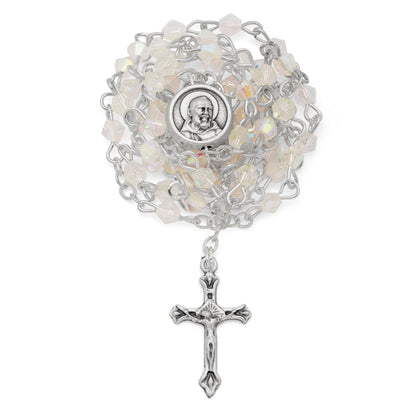 Small White Enameled Padre Pio Rosary Case With White Crystal Rosary