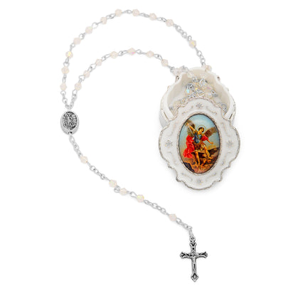 Small White Enameled St. Michael Rosary Case With White Crystal Rosary