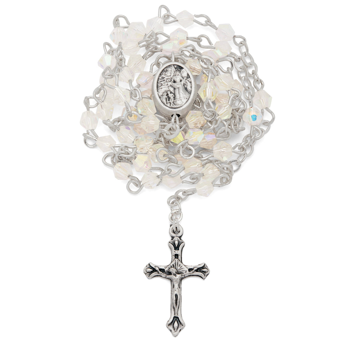 Small White Enameled St. Michael Rosary Case With White Crystal Rosary