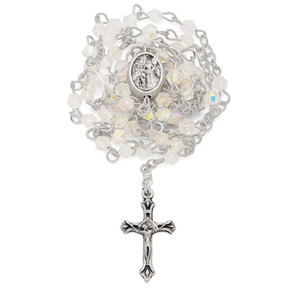 Small White Enameled St. Michael Rosary Case With White Crystal Rosary