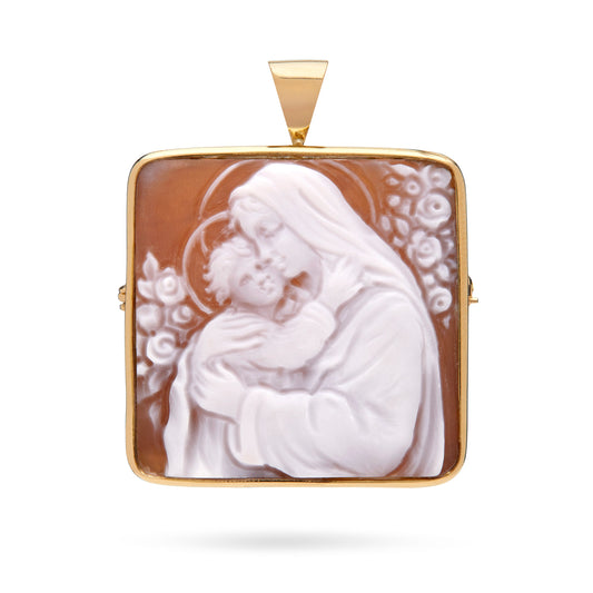 Square Yellow Gold Brooch and Pendant With Cameo Portraying Virgin Mary With Baby Jesus
