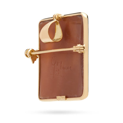 Square Yellow Gold Brooch and Pendant With Cameo Portraying Virgin Mary With Baby Jesus