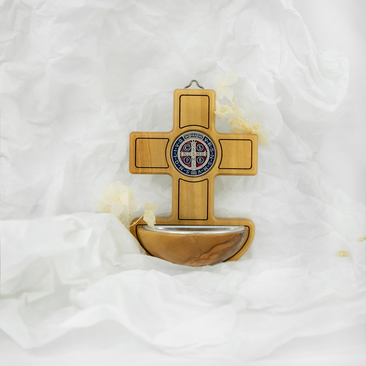 St. Benedict Holy Water Font Olive Wood
