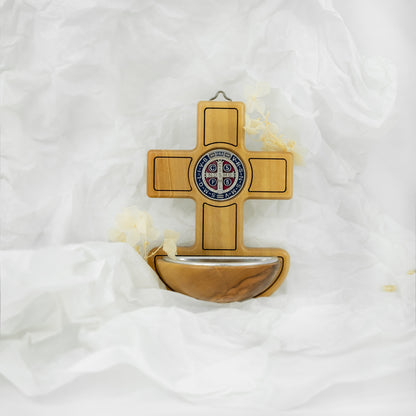 St. Benedict Holy Water Font Olive Wood