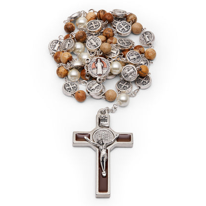 St. Benedict Rosary with Synthetic Pearl and Paesina Stone Beads