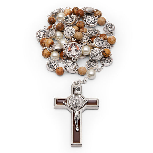 St. Benedict Rosary with Synthetic Pearl and Paesina Stone Beads