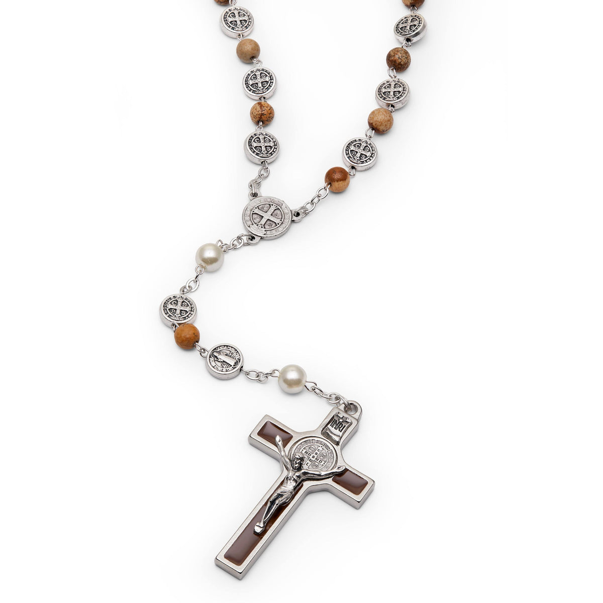 St. Benedict Rosary with Synthetic Pearl and Paesina Stone Beads