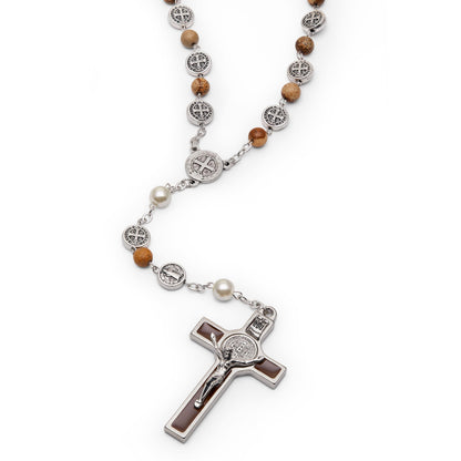 St. Benedict Rosary with Synthetic Pearl and Paesina Stone Beads