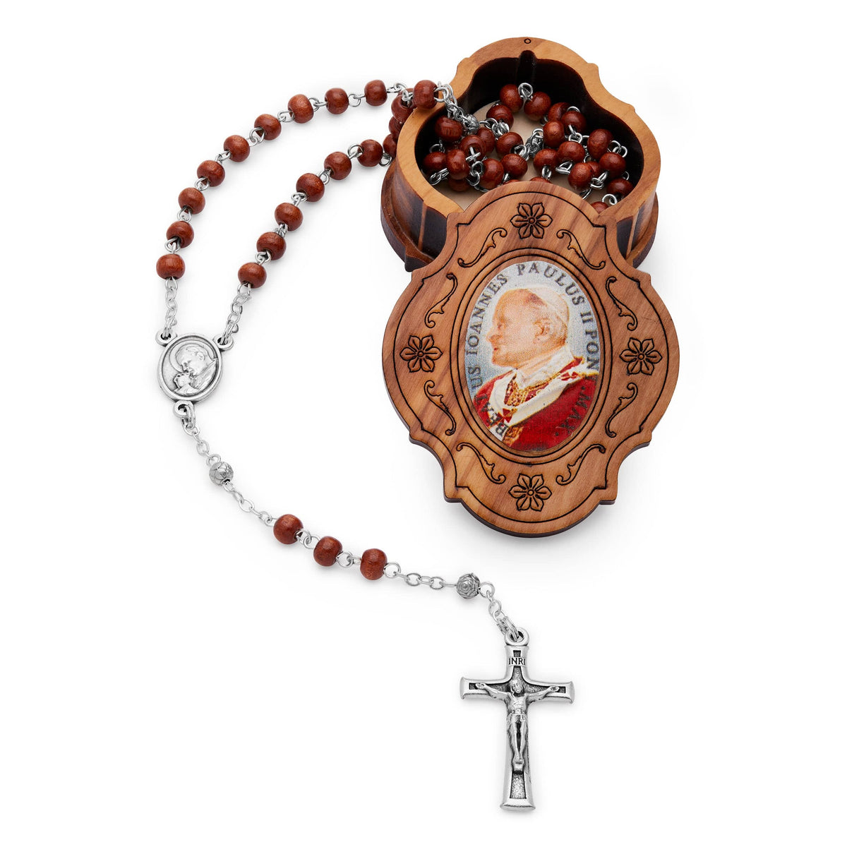 Olive Wood Colored Pope St. John Paul II Rosary Case With Wood Rosary