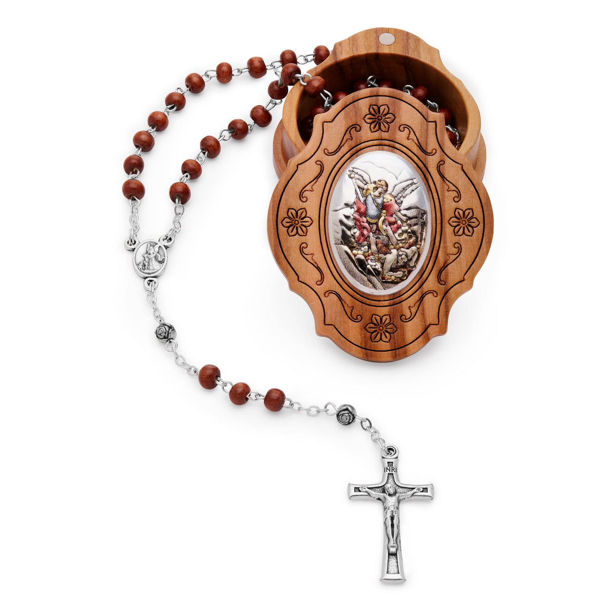 Olive Wood St. Michael Rosary Case With Wood Rosary
