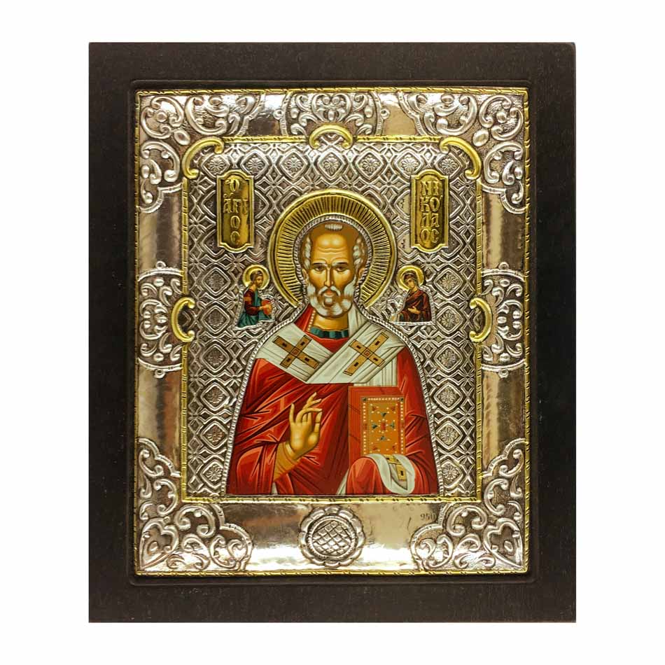 Wooden Icon with Silver Plaque and Wooden Frame of St. Nicholas