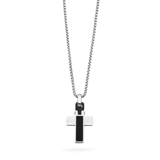 Stainless Steel Cross Pendant with Black Detail and Chain