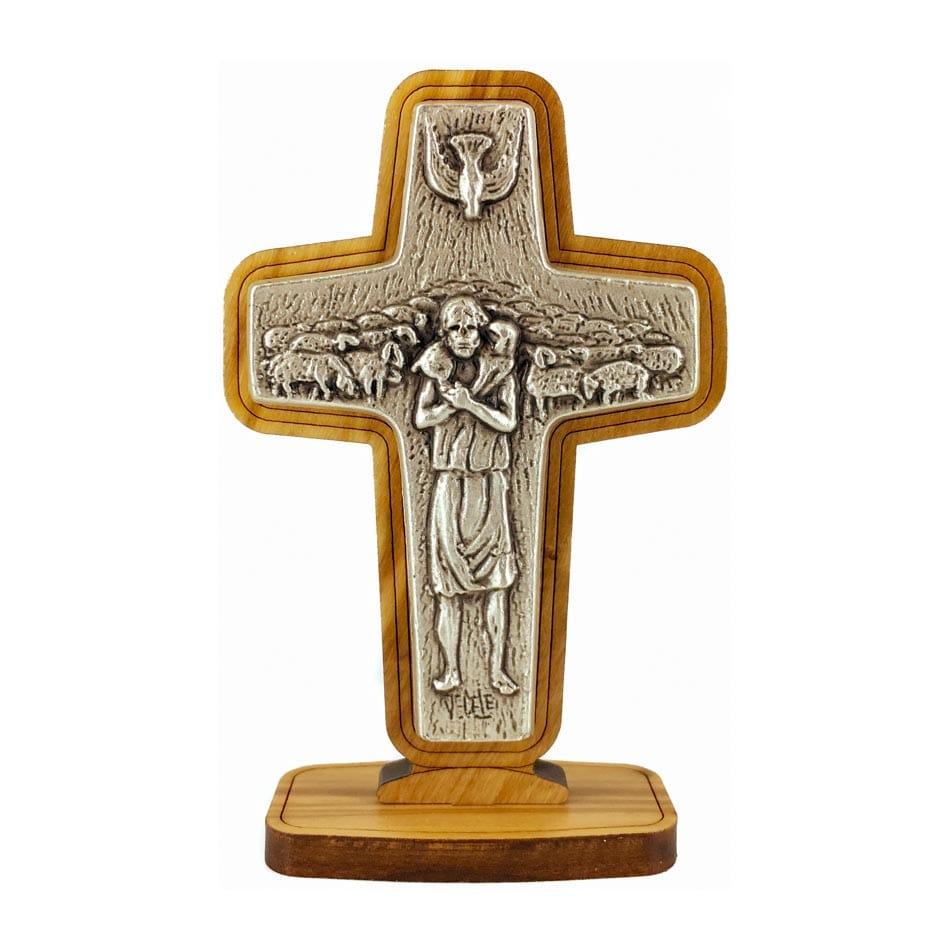 Standing Olive Wood Good Shepherd Cross with Metal Plaque