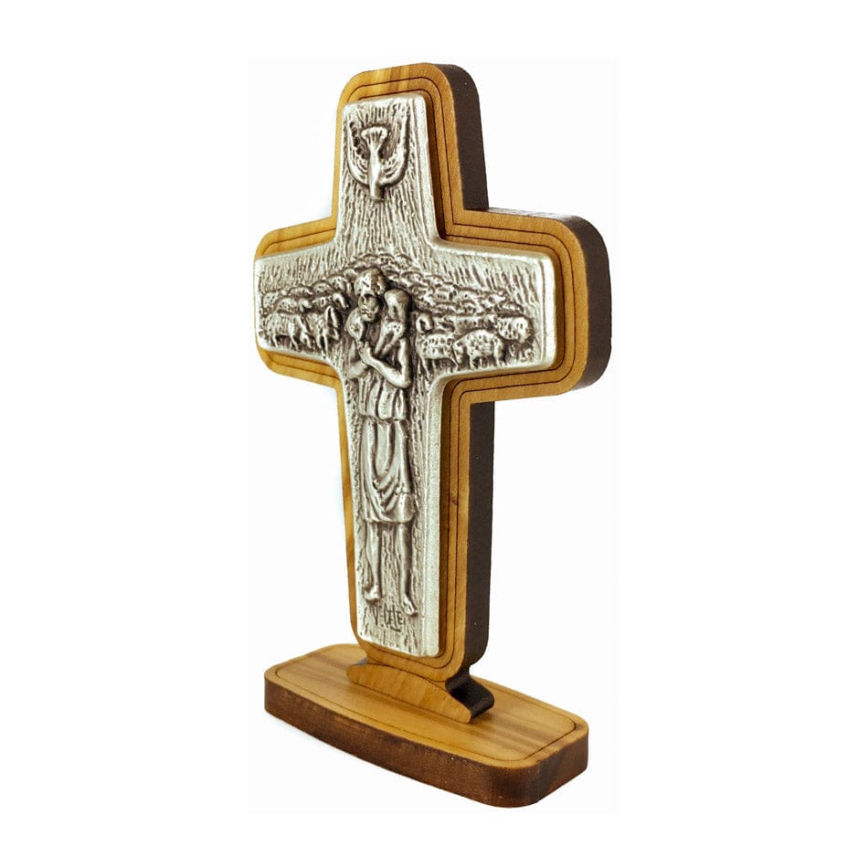 Standing Olive Wood Good Shepherd Cross with Metal Plaque