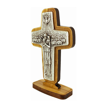 Standing Olive Wood Good Shepherd Cross with Metal Plaque