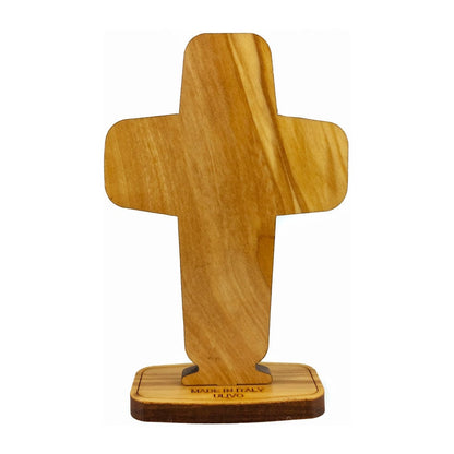 Standing Olive Wood Good Shepherd Cross with Metal Plaque