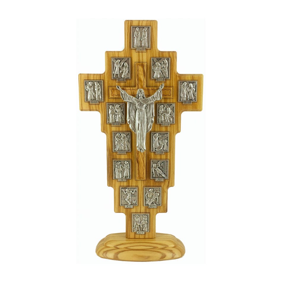 Standing Olive Wood Risen Christ Crucifix with Via Crucis