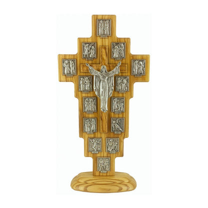 Standing Olive Wood Risen Christ Crucifix with Via Crucis