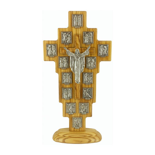 Standing Olive Wood Risen Christ Crucifix with Via Crucis