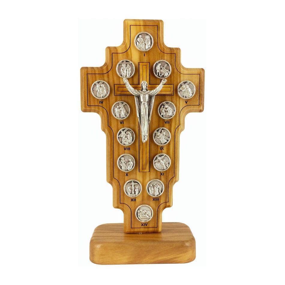 Standing Olive Wood Risen Christ Crucifix with Via Crucis and Outline