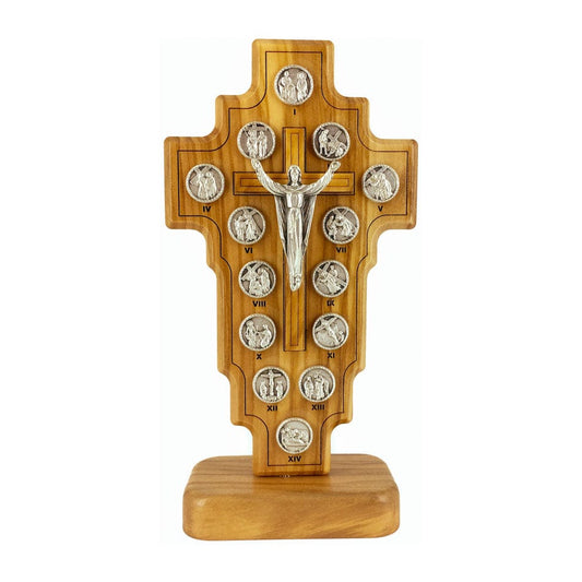 Standing Olive Wood Risen Christ Crucifix with Via Crucis and Outline