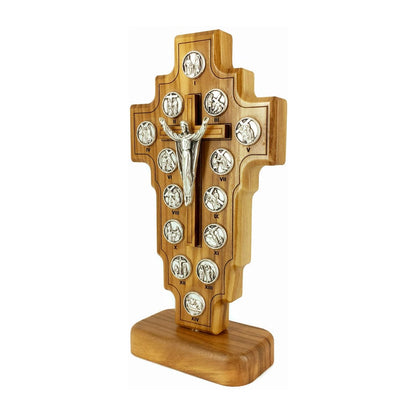 Standing Olive Wood Risen Christ Crucifix with Via Crucis and Outline