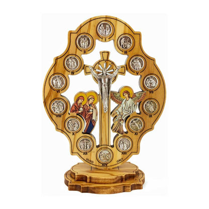 Standing Olive Wood Risen Christ Crucifix with Via Crucis and Resurrection Scene