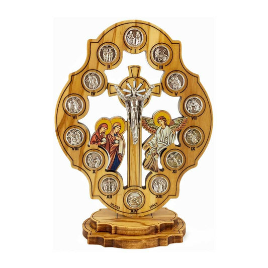 Standing Olive Wood Risen Christ Crucifix with Via Crucis and Resurrection Scene