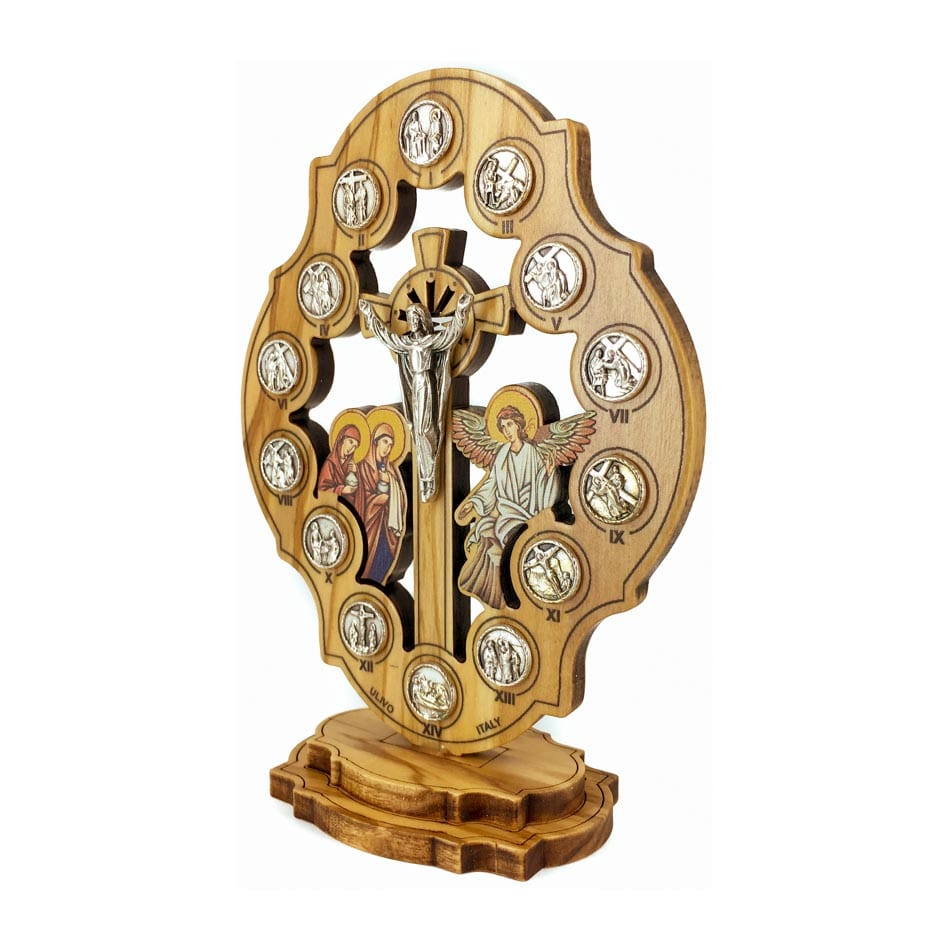 Standing Olive Wood Risen Christ Crucifix with Via Crucis and Resurrection Scene