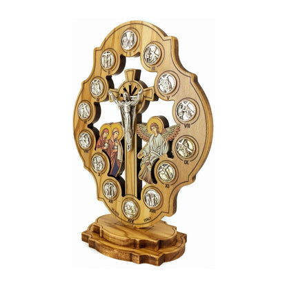Standing Olive Wood Risen Christ Crucifix with Via Crucis and Resurrection Scene