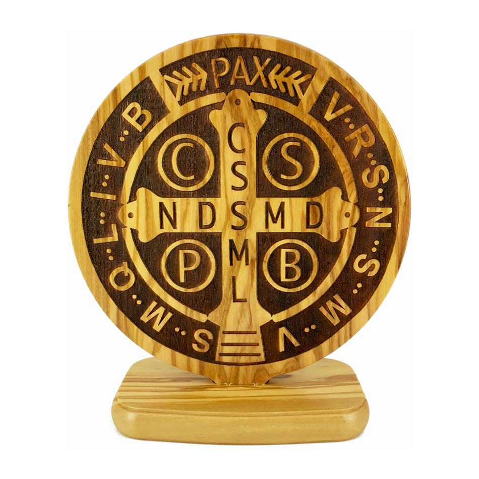 Standing Olive Wood St. Benedict Medallion