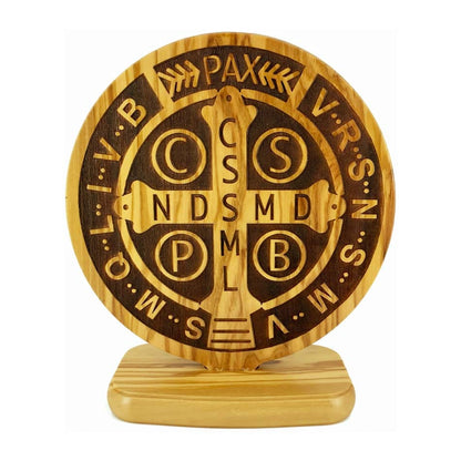 Standing Olive Wood St. Benedict Medallion