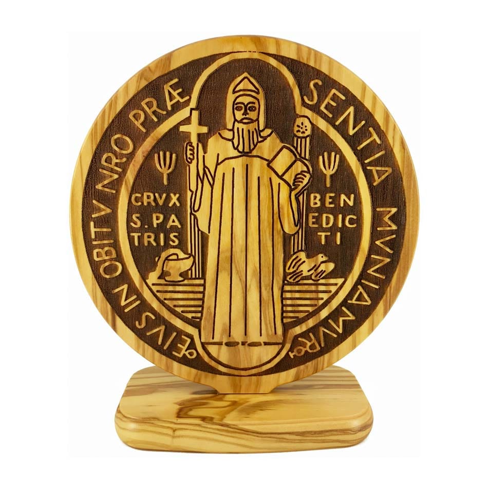 Standing Olive Wood St. Benedict Medallion