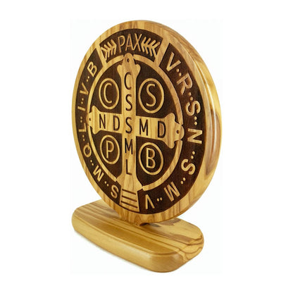 Standing Olive Wood St. Benedict Medallion