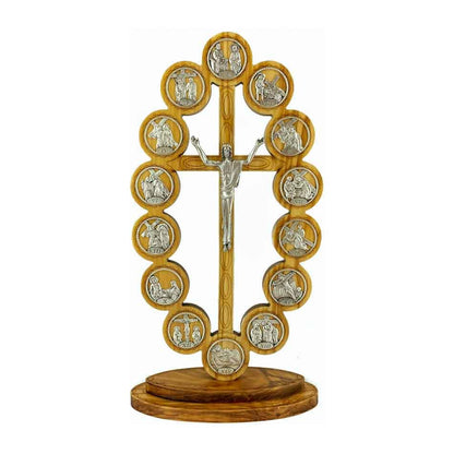 Standing Oval Olive Wood Risen Christ Crucifix with Via Crucis