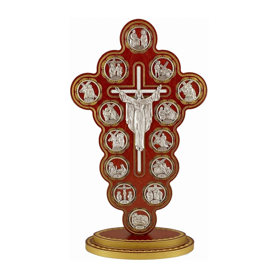 Standing Red Wooden Risen Christ Crucifix with Via Crucis