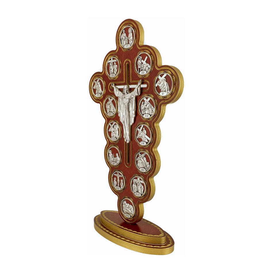 Standing Red Wooden Risen Christ Crucifix with Via Crucis