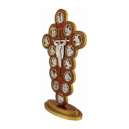 Standing Red Wooden Risen Christ Crucifix with Via Crucis
