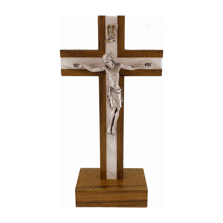 Standing Walnut Wood Crucifix Inlaid with Mother-of-pearl
