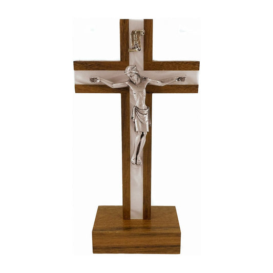 Standing Walnut Wood Crucifix Inlaid with Mother-of-pearl