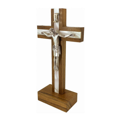Standing Walnut Wood Crucifix Inlaid with Mother-of-pearl