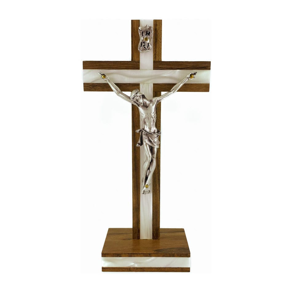 Standing Walnut Wood Crucifix Inlaid with Mother-of-pearl on Cross and Base