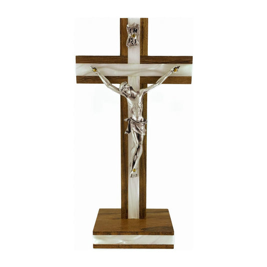 Standing Walnut Wood Crucifix Inlaid with Mother-of-pearl on Cross and Base