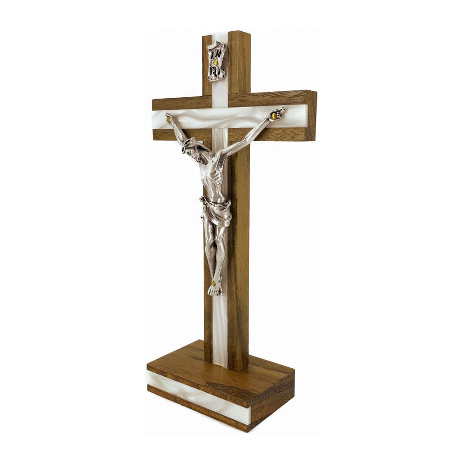 Standing Walnut Wood Crucifix Inlaid with Mother-of-pearl on Cross and Base