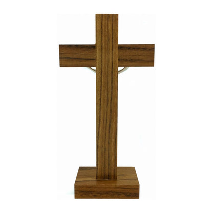 Standing Walnut Wood Crucifix Inlaid with Mother-of-pearl on Cross and Base
