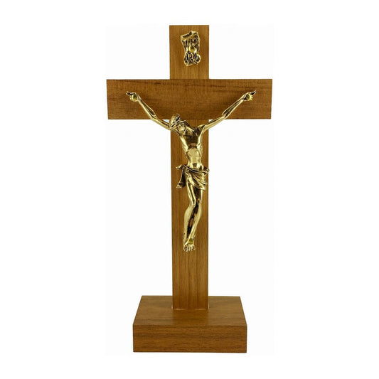 Standing Walnut Wood Crucifix with Golden Corpus