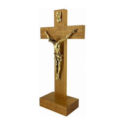 Standing Walnut Wood Crucifix with Golden Corpus