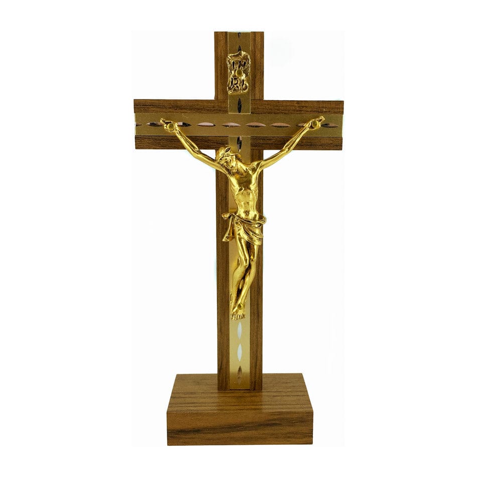 Standing Walnut Wood Crucifix with Inlays and Gold Details