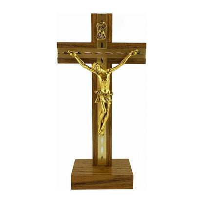 Standing Walnut Wood Crucifix with Inlays and Gold Details
